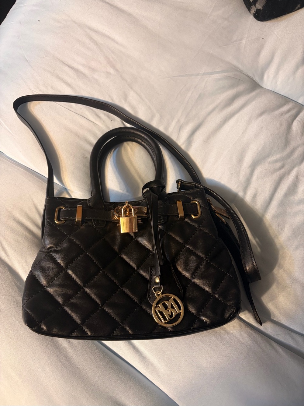 Badgley Mischka Black Quilted Satchel with Gold Accents